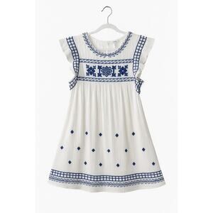 En Creme Women's Dress, Blue Embroidery, Boho, Cottage Core